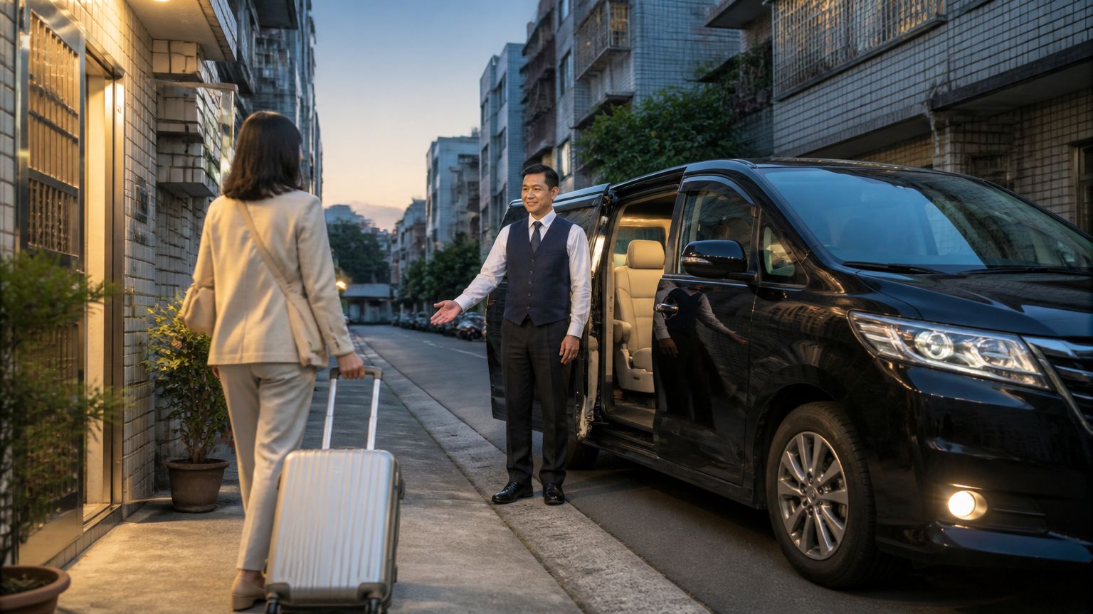 清晨出發去機場,旅客拉著行李箱走出家門,接送車已在門口等候