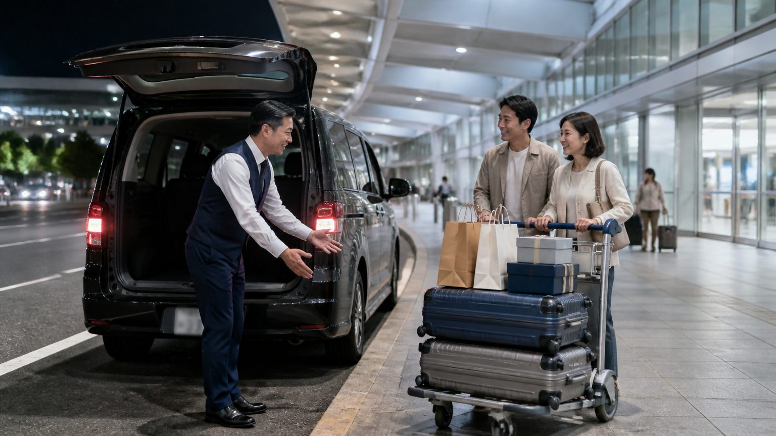 深夜回國的旅客推著裝滿伴手禮的行李車,走向在機場外等候的接送車