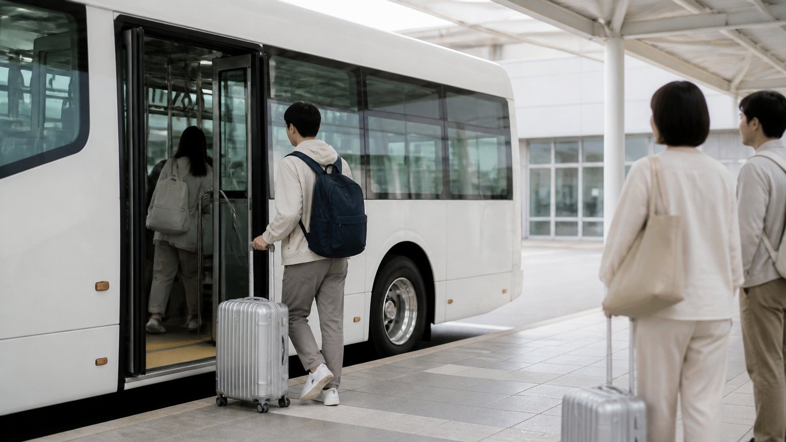 旅客背著背包、拖著登機箱,在機場航廈外準備搭上接駁巴士
